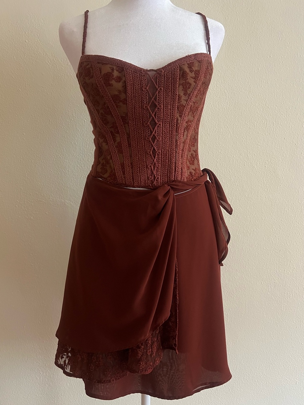 Ritmo di Perla Italy 2PC Set Brown Lace Corset Mini Skirt Size 42 Vintage - Picture 12 of 12